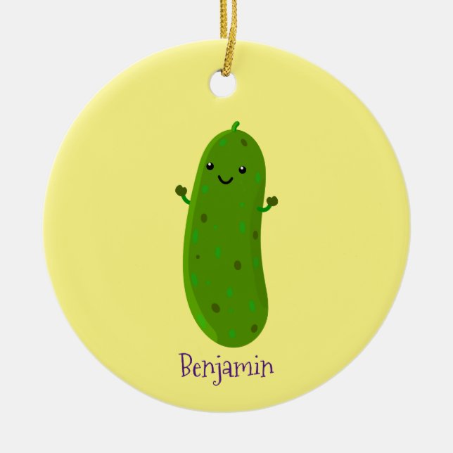Cute happy pickle cartoon illustration ceramic ornament (Front)