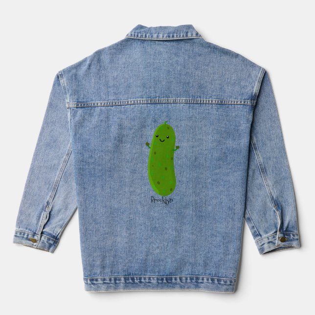 Cute happy pickle cartoon illustration denim jacket (Back)