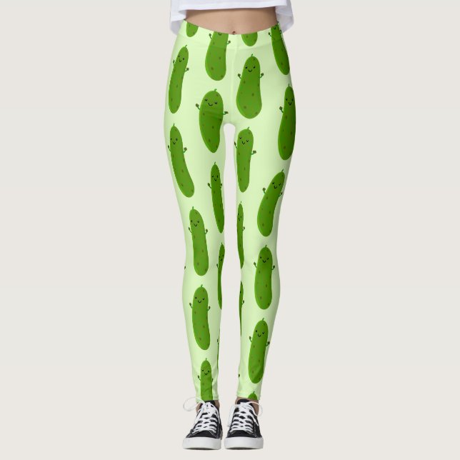 Cute happy pickle cartoon illustration leggings (Front)