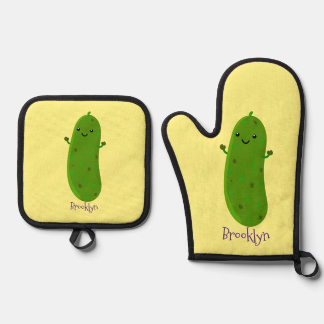 Cute happy pickle cartoon illustration oven mitt & pot holder set (Front)