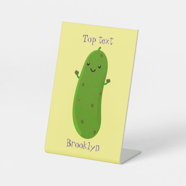 Cute happy pickle cartoon illustration pedestal sign (Front)