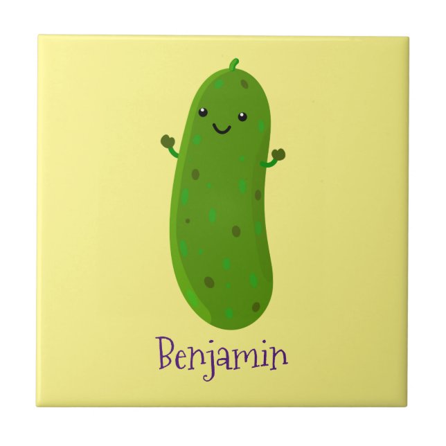 Cute happy pickle cartoon illustration tile (Front)