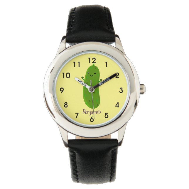 Cute happy pickle cartoon illustration watch (Front)