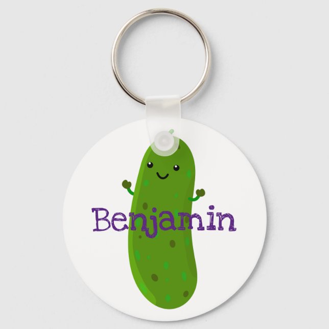 Cute happy pickle cucumber cartoon illustration keychain (Front)
