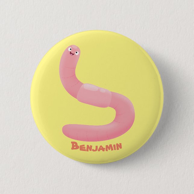 Cute happy pink earthworm cartoon 2 inch round button (Front)