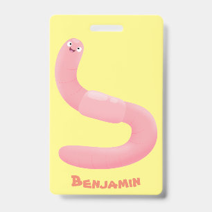 Cute happy pink earthworm cartoon badge