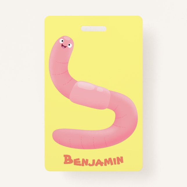 Cute happy pink earthworm cartoon badge (Front)