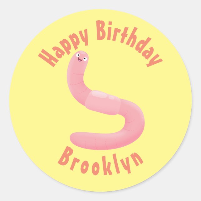 Cute happy pink earthworm cartoon classic round st sticker (Front)