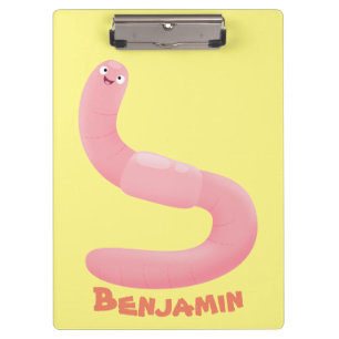 Cute happy pink earthworm cartoon clipboard