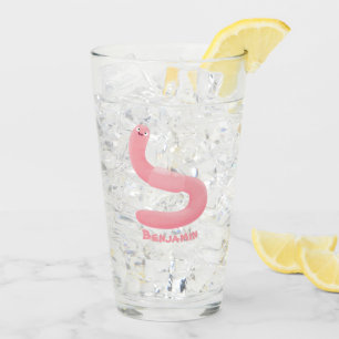 Cute happy pink earthworm cartoon glass