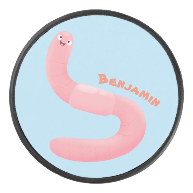 Cute happy pink earthworm cartoon hockey puck (Front)