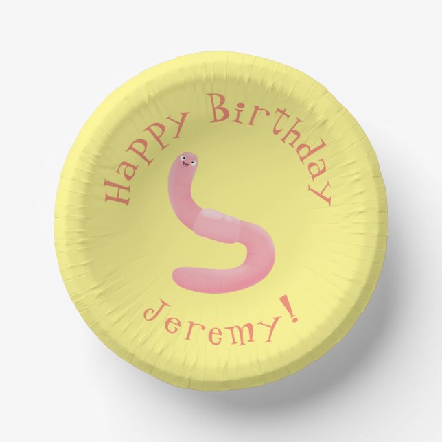 Cute happy pink earthworm cartoon paper plate (Front)
