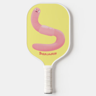 Cute happy pink earthworm cartoon pickleball paddle