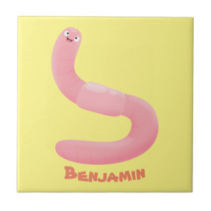 Cute happy pink earthworm cartoon tile