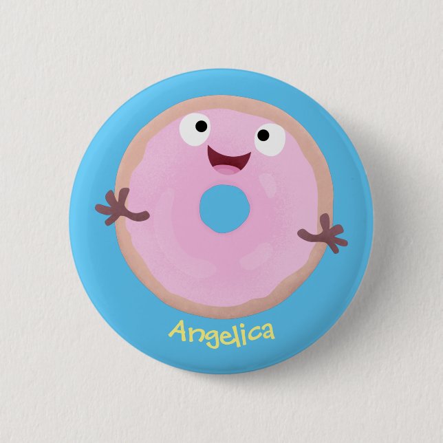 Cute happy pink glazed doughnut cartoon 2 inch round button (Front)