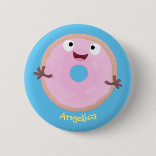 Cute happy pink glazed doughnut cartoon 2 inch round button