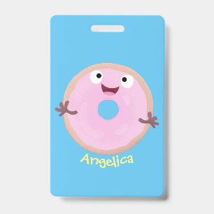 Cute happy pink glazed doughnut cartoon badge