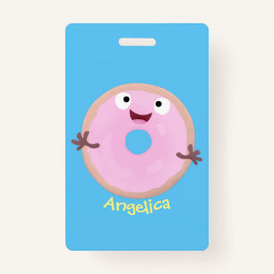 Cute happy pink glazed doughnut cartoon badge