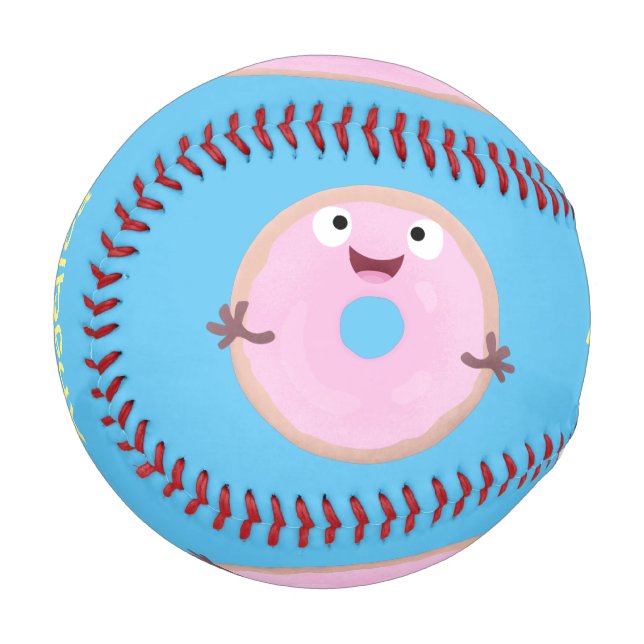 Cute happy pink glazed doughnut cartoon baseball (Front Left)