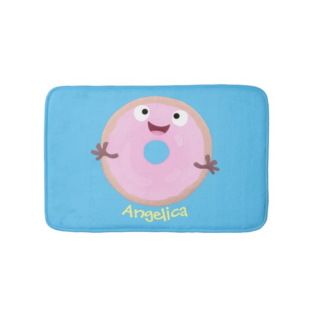 Cute happy pink glazed doughnut cartoon bath mat (Front)