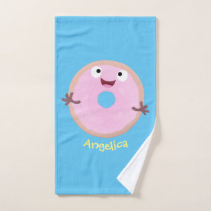 Cute happy pink glazed doughnut cartoon bath towel set