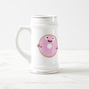Cute happy pink glazed doughnut cartoon beer stein