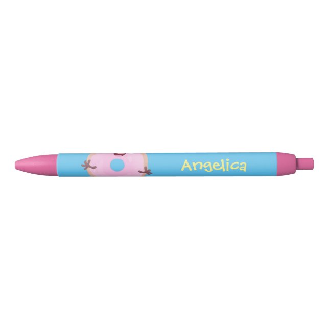 Cute happy pink glazed doughnut cartoon black ink pen (Front)