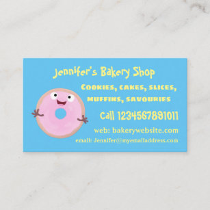 Cute happy pink glazed doughnut cartoon business card
