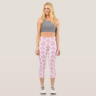 Cute happy pink glazed doughnut cartoon capri leggings