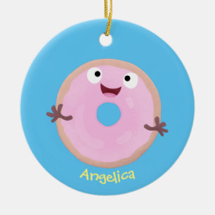 Cute happy pink glazed doughnut cartoon ceramic ornament