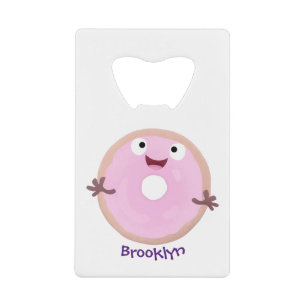 Cute happy pink glazed doughnut cartoon credit card bottle opener