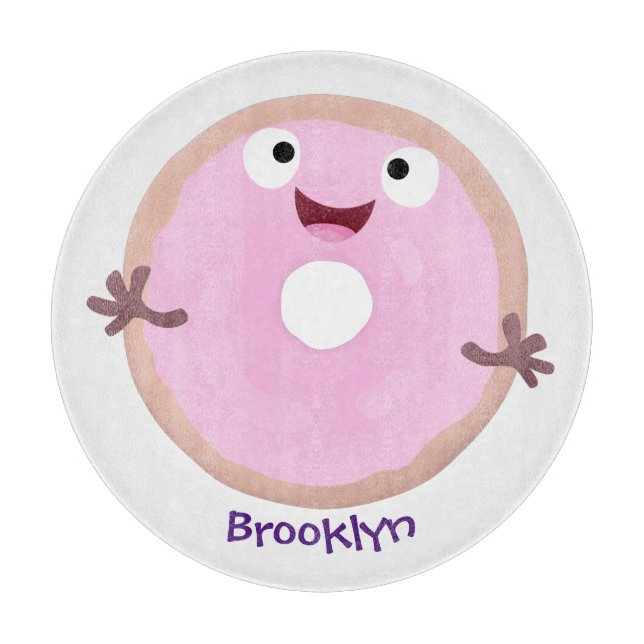 Cute happy pink glazed doughnut cartoon cutting board (Front)