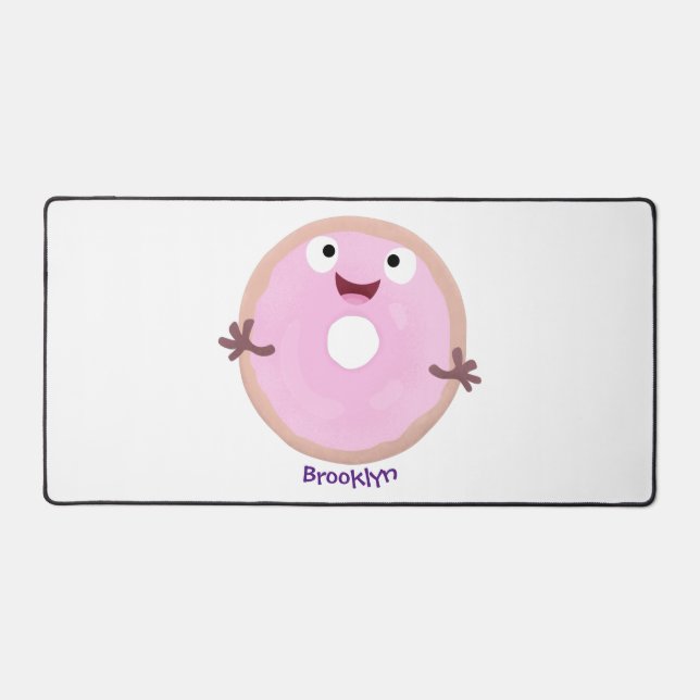 Cute happy pink glazed doughnut cartoon desk mat (Front)