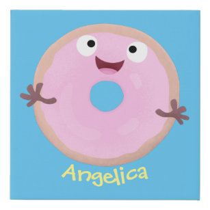 Cute happy pink glazed doughnut cartoon faux canvas print