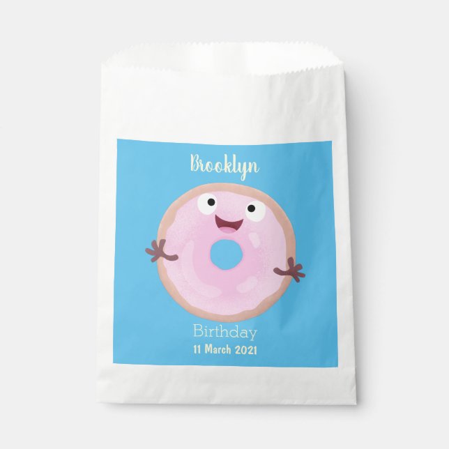 Cute happy pink glazed doughnut cartoon favour bag (Front)