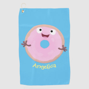 Cute happy pink glazed doughnut cartoon golf towel