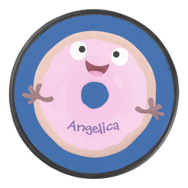 Cute happy pink glazed doughnut cartoon hockey puck (Front)