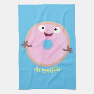 Cute happy pink glazed doughnut cartoon kitchen towel