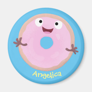 Cute happy pink glazed doughnut cartoon magnet