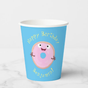 Cute happy pink glazed doughnut cartoon paper cups