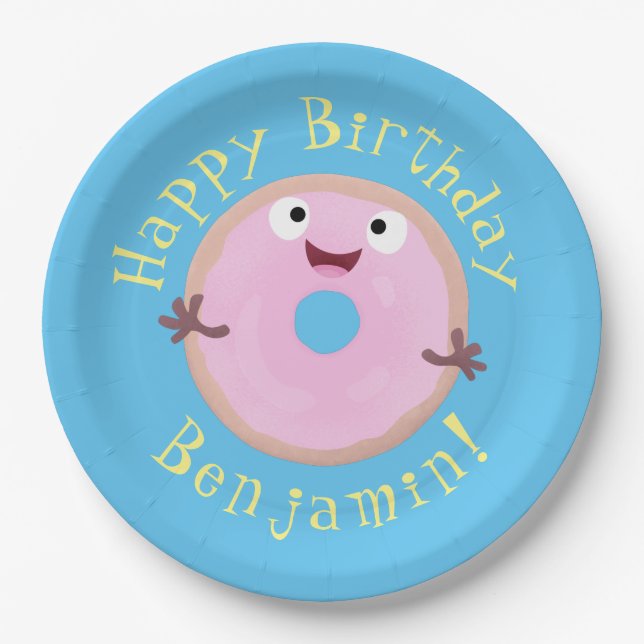 Cute happy pink glazed doughnut cartoon paper plate (Front)