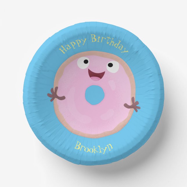 Cute happy pink glazed doughnut cartoon paper plate (Front)