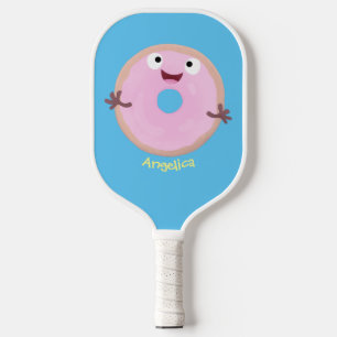 Cute happy pink glazed doughnut cartoon  pickleball paddle
