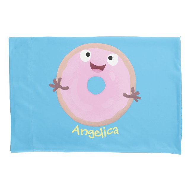 Cute happy pink glazed doughnut cartoon pillowcase (Front)