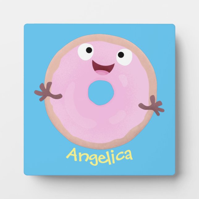 Cute happy pink glazed doughnut cartoon plaque (Front)