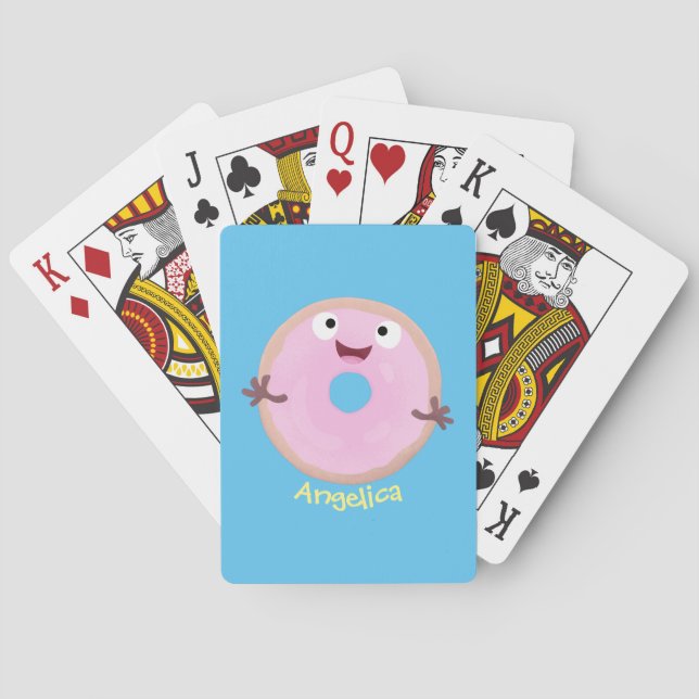 Cute happy pink glazed doughnut cartoon playing cards (Back)