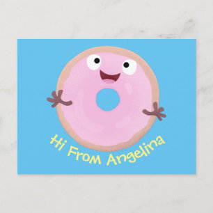 Cute happy pink glazed doughnut cartoon postcard