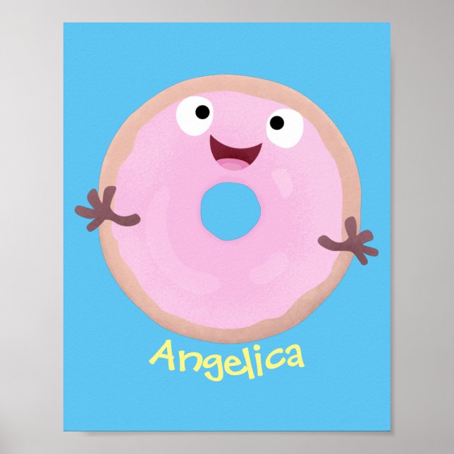 Cute happy pink glazed doughnut cartoon poster (Front)