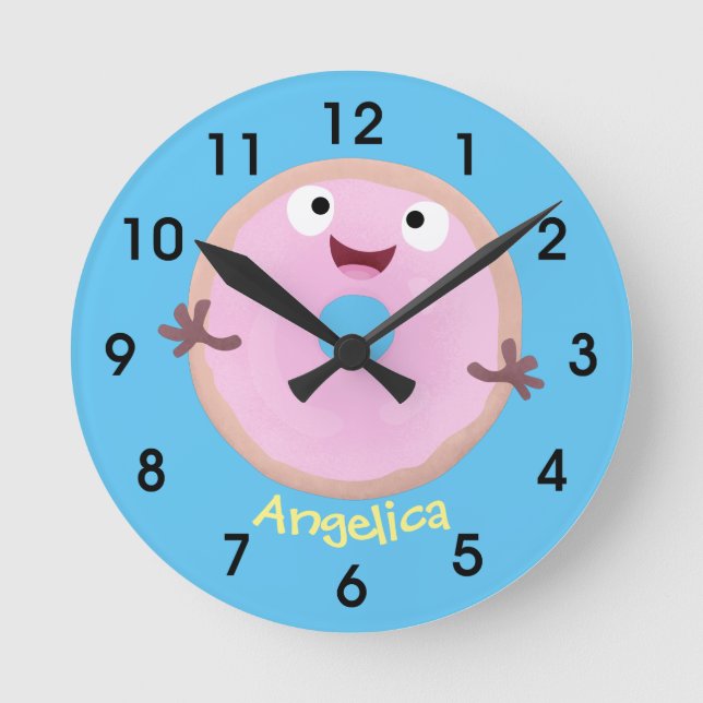 Cute happy pink glazed doughnut cartoon round clock (Front)
