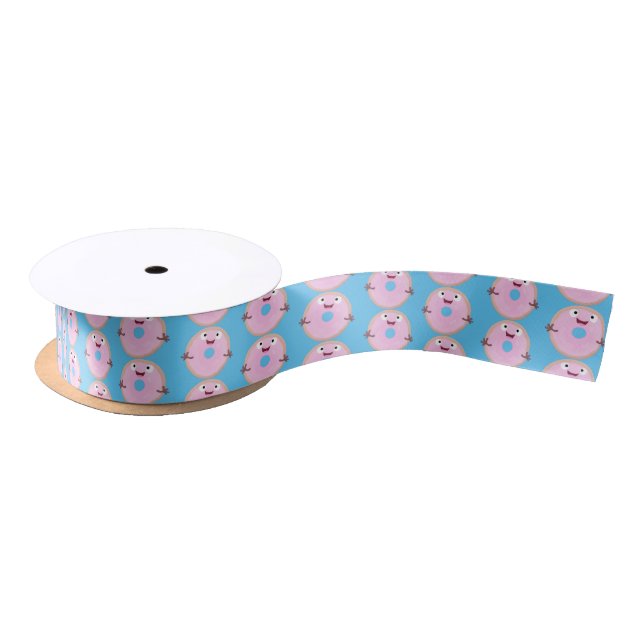 Cute happy pink glazed doughnut cartoon satin ribbon (Spool)